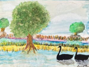 Black Swan on lake - Painting - Laurel Robinson