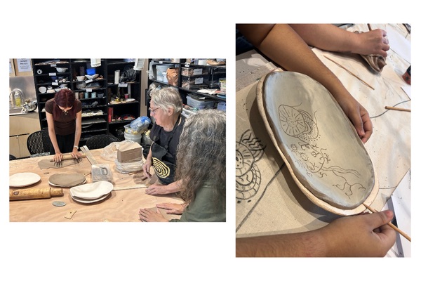 Galnyatj students shaping and decorating their ceramic coolamons at Kaiela Arts