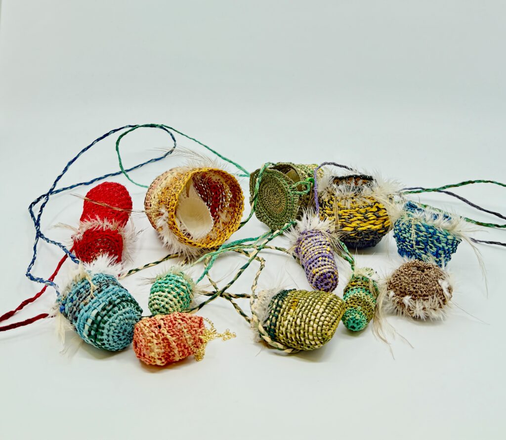 Colourful handwoven raffia baskets