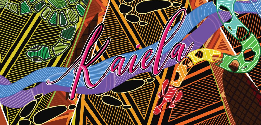Colourful detail of Tahnee Day’s Gundja Woka Wala artwork, with Kaiela written across the centre